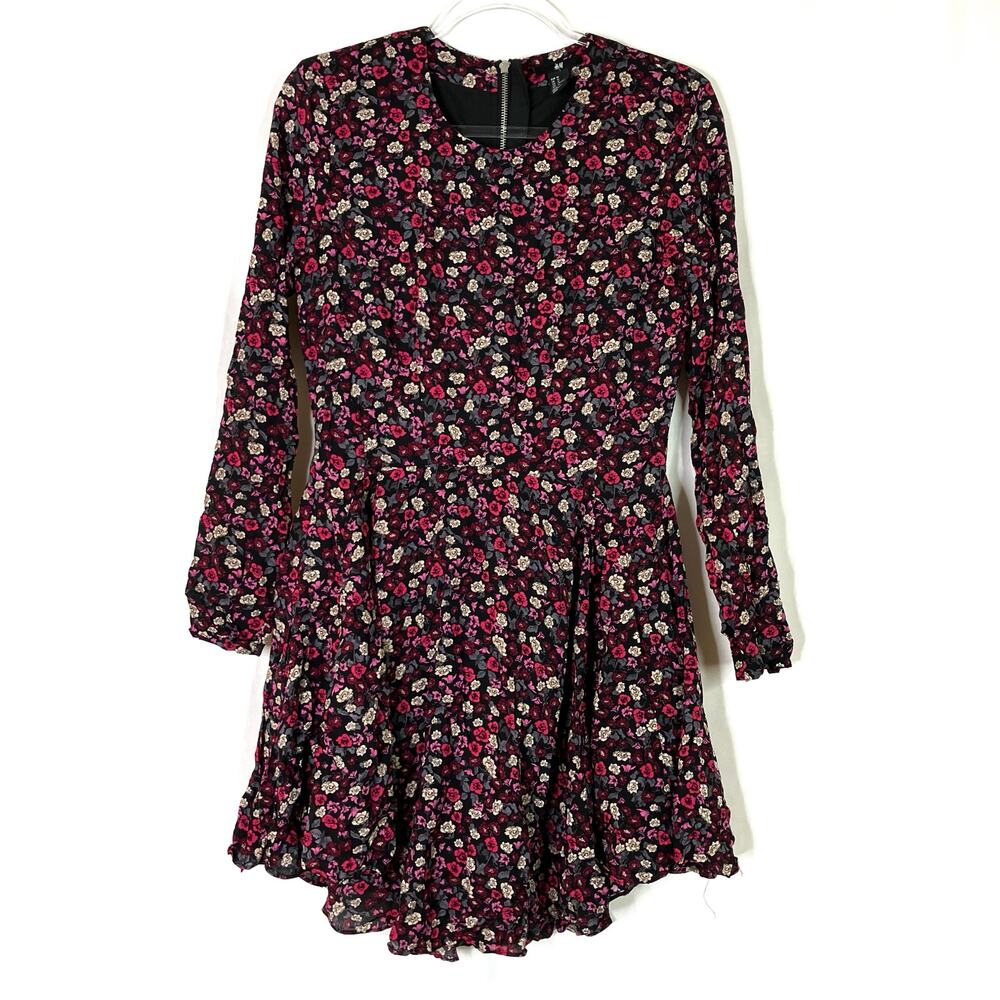 H&M | Granny Floral Pink Black Long Sleeve Skater A-Line Dress Zip Back Women 12